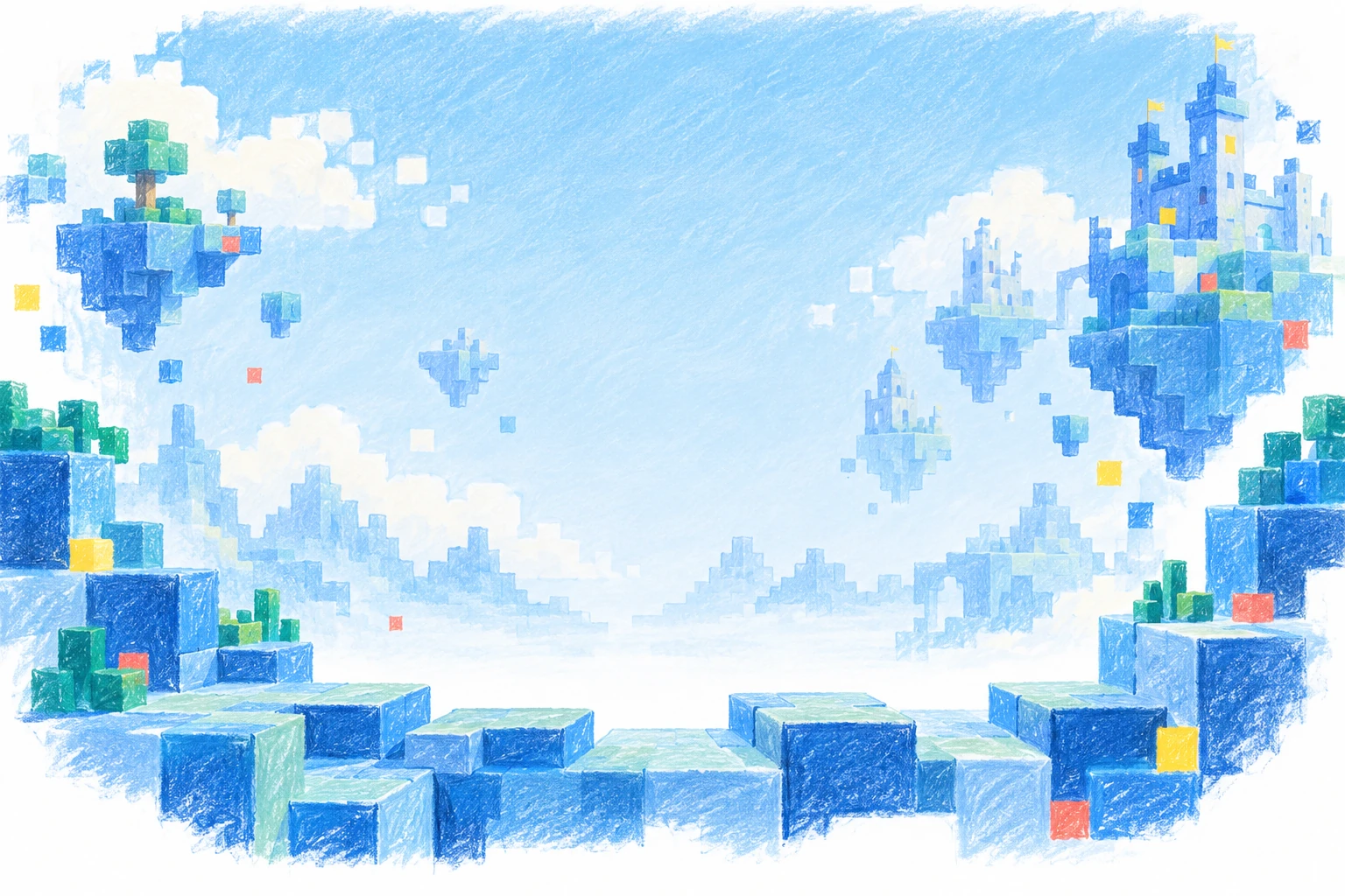 A blue crayon world of floating pixel islands.