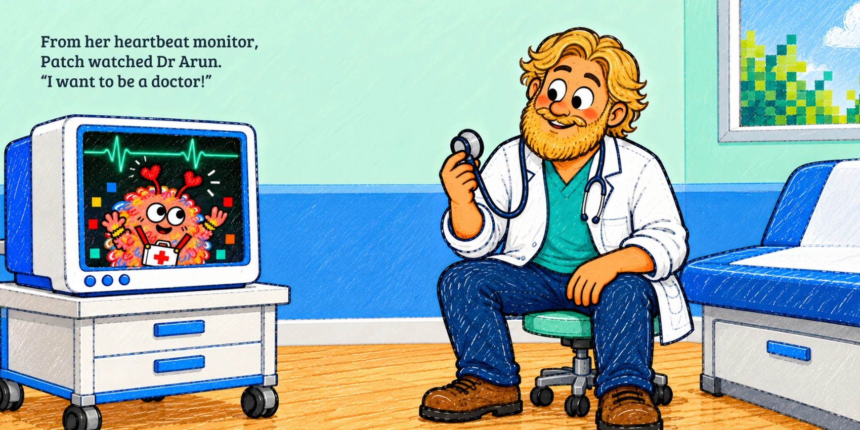 Opening two-page spread from Patch and the Brave Little Step